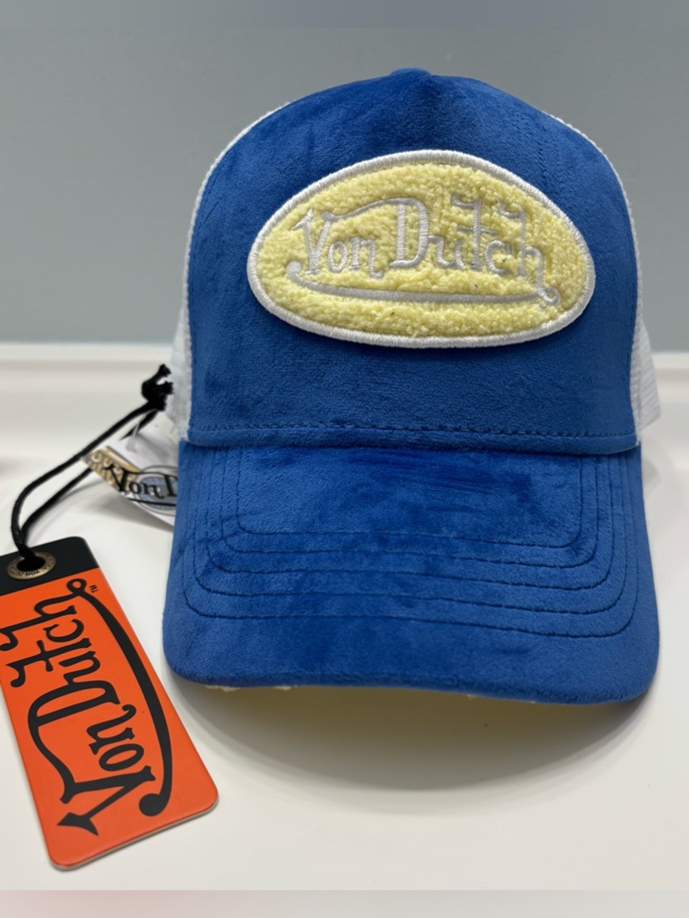 Von Dutch blue and yellow chenille trucker hat